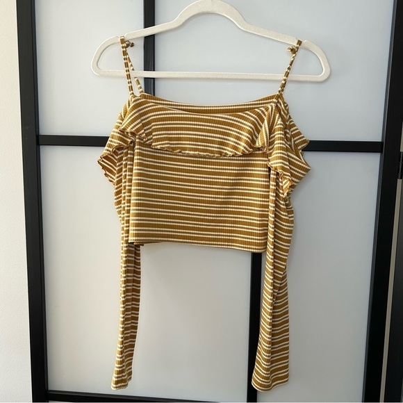 [L] Forever 21 Golden Mustard Yellow & White Striped Long Sleeve Crop Top - Picture 6 of 9